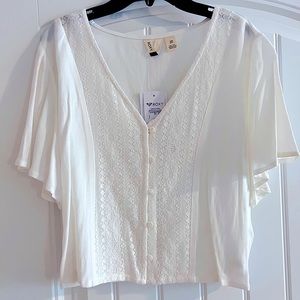 Roxy Halter/ Boho style white shirt with lace detail.